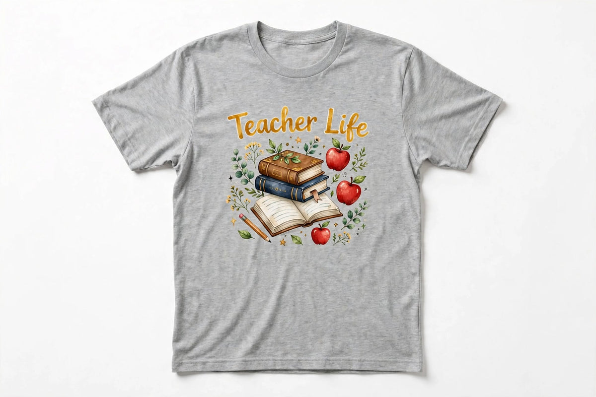 Teacher Life graphic tee with books, apples and a pencil
