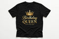 Birthday Queen custom name t-shirt with a gold crown on a black tee