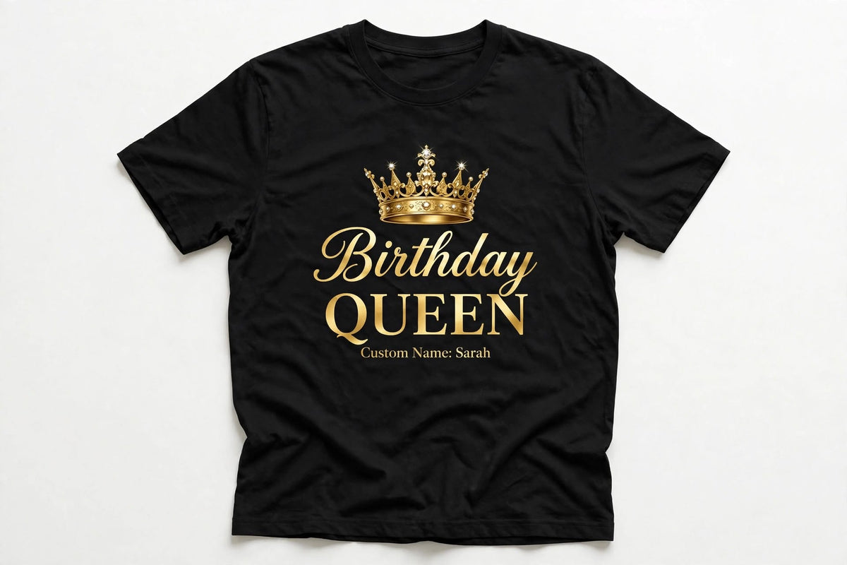 Birthday Queen custom name t-shirt with a gold crown on a black tee