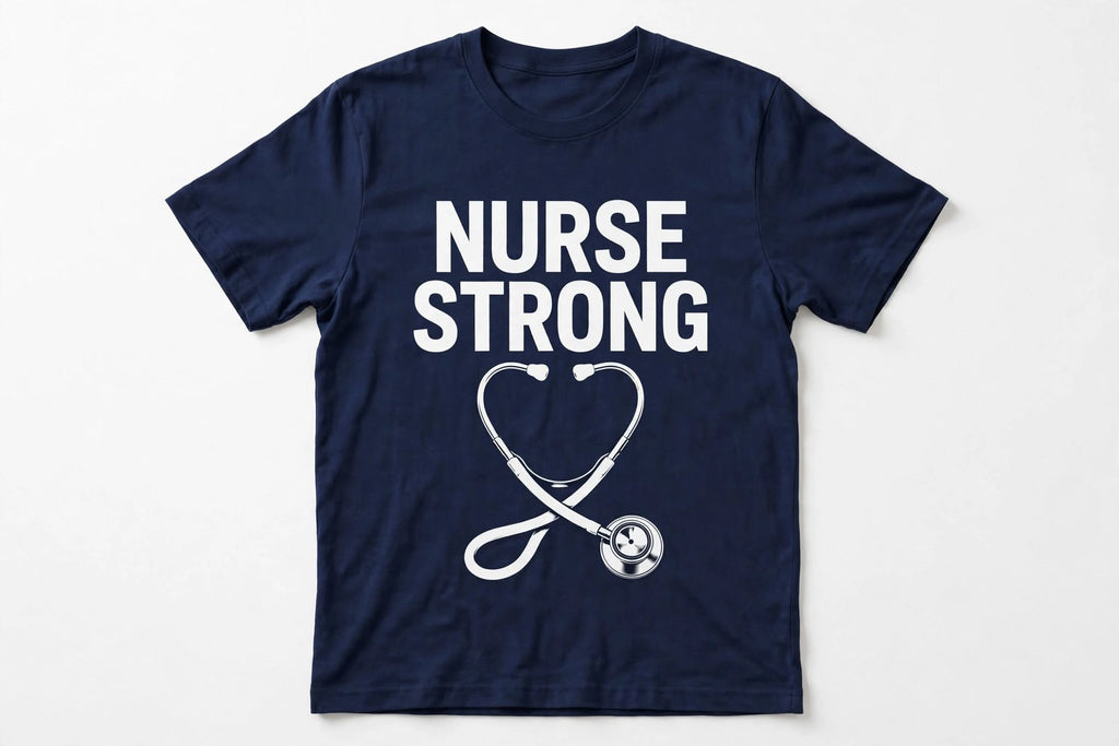 Navy Nurse Strong graphic tee with a heart-shaped stethoscope