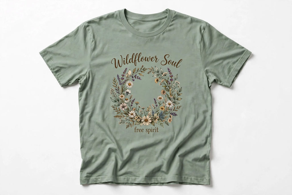 Sage green Wildflower Soul graphic tee with a floral wreath