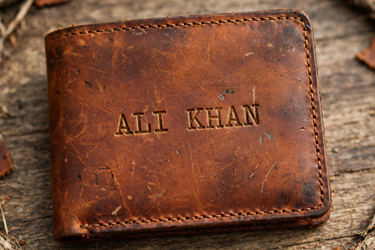 A brown leather bi-fold wallet with 'ALI KHAN' embossed on the front, resting on a rustic wooden surface.