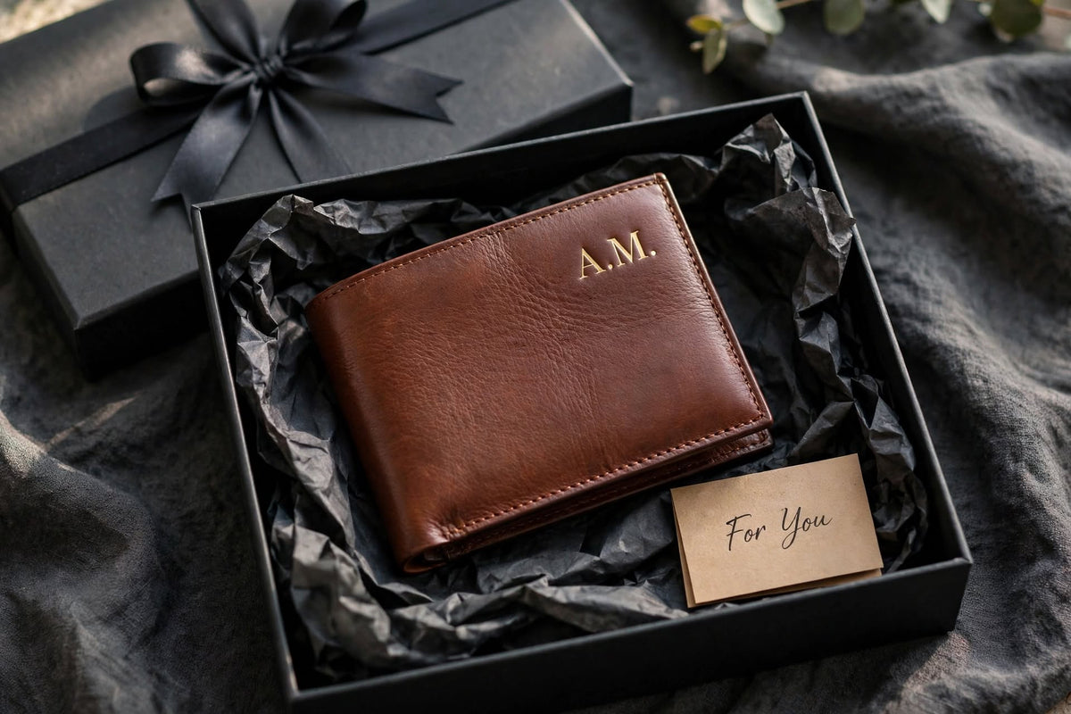 A brown leather bifold wallet with gold 