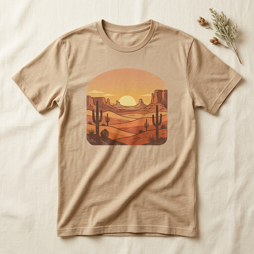 Desert Sunset Southwestern graphic tee with layered dunes and a golden sky