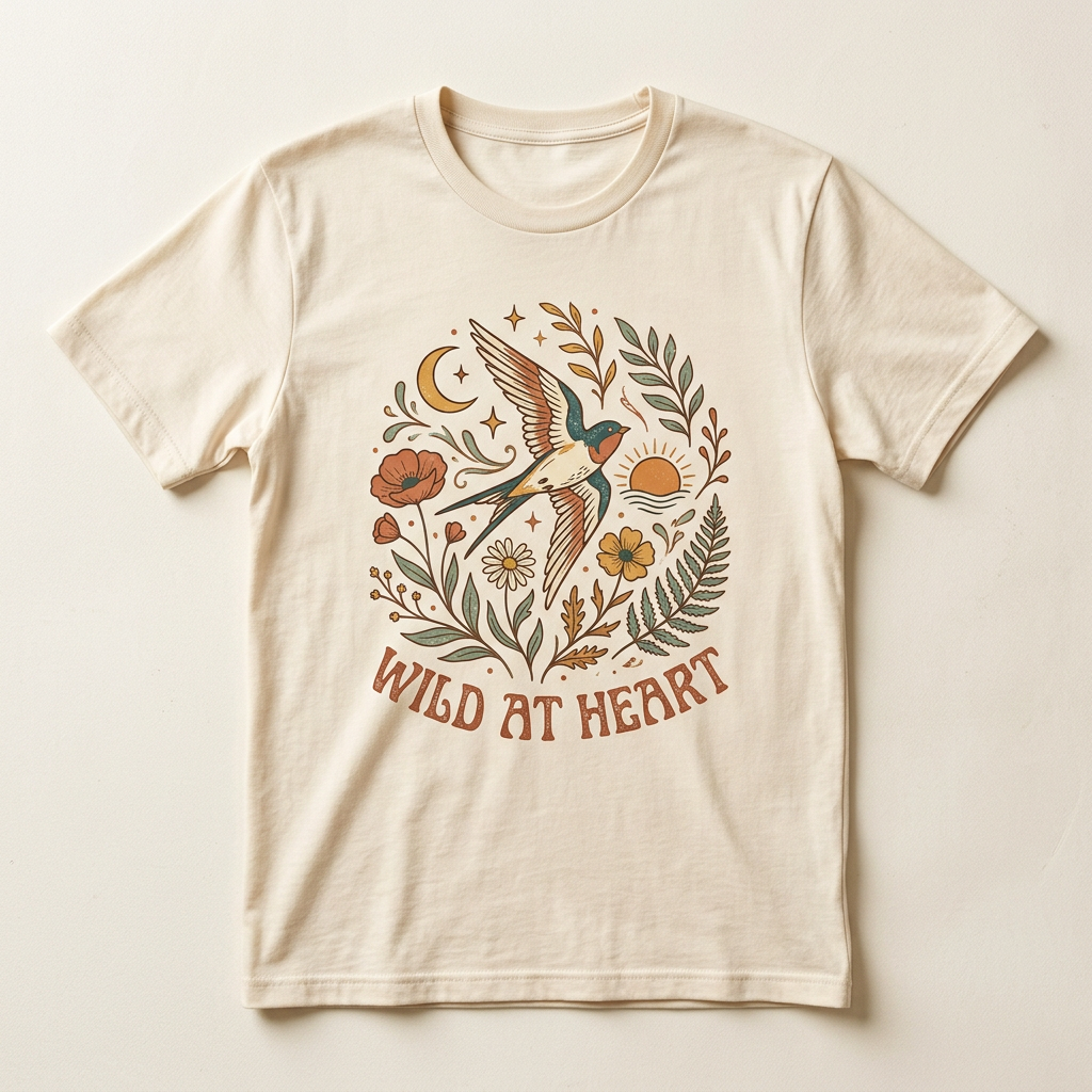 Cream T-shirt concept mockup with Wild at Heart lettering and a bohemian bird, wildflower and sunset graphic