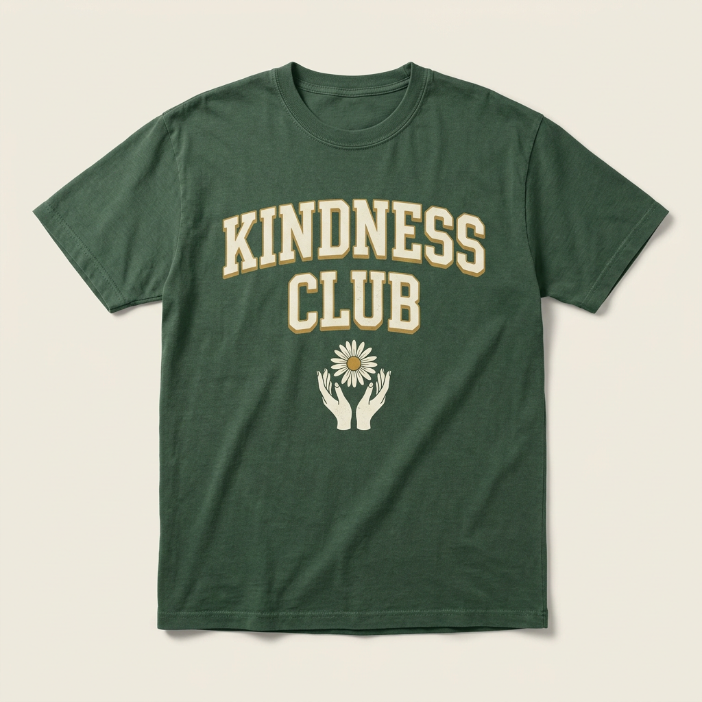 Forest-green Kindness Club T-shirt concept mockup with ivory lettering and hands holding a daisy