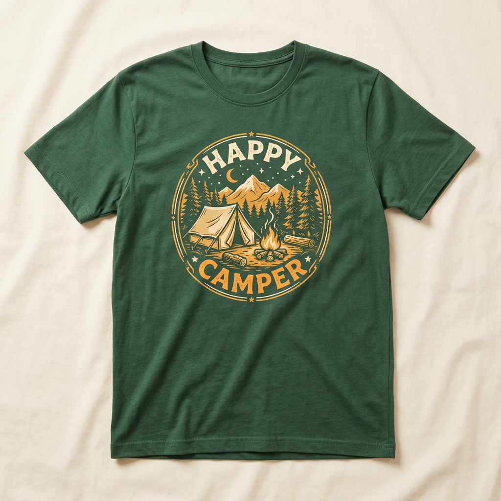 Happy Camper camping graphic tee with tent and campfire