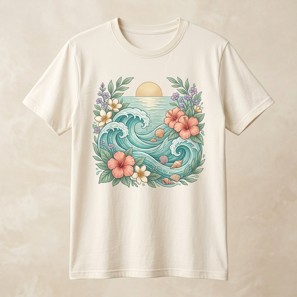 Ocean Bloom ocean floral graphic tee with turquoise waves and hibiscus
