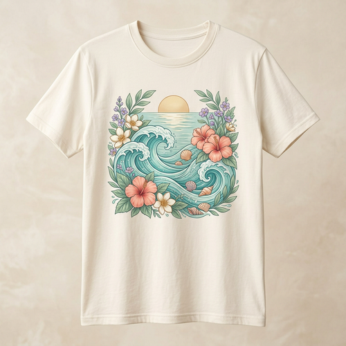 Ocean Bloom ocean floral graphic tee with turquoise waves and hibiscus