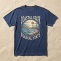 Navy T-shirt concept mockup with Coastal State lettering and vintage coastal town, waves and sunset artwork
