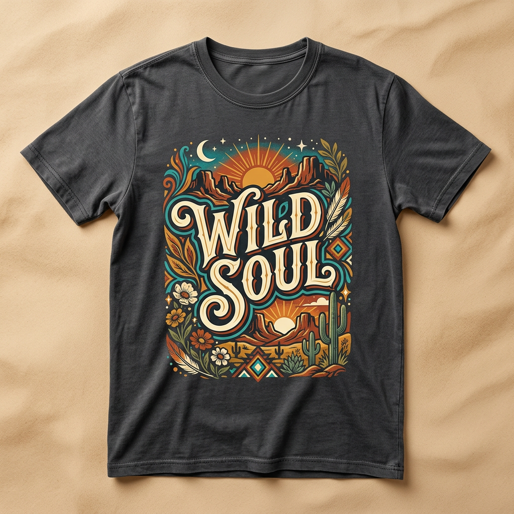 Wild Soul boho graphic tee with desert sunset and cacti artwork