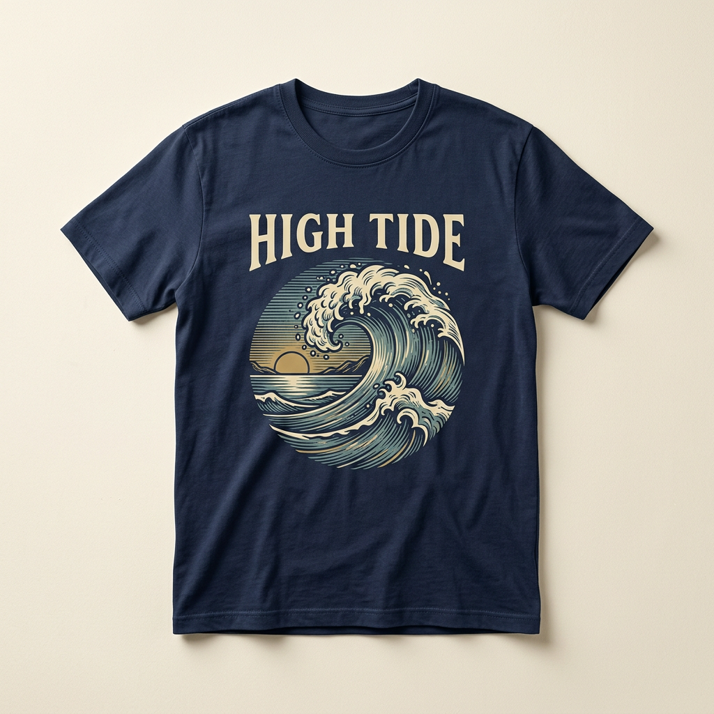 High Tide surf and beach graphic tee with ocean waves