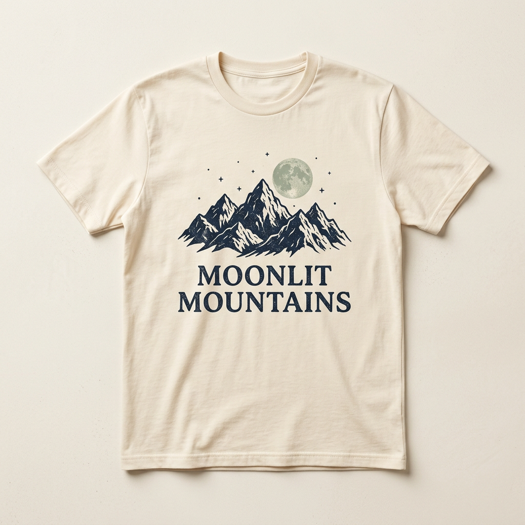 Cream T-shirt concept mockup with moonlit mountain peaks, stars and Moonlit Mountains lettering