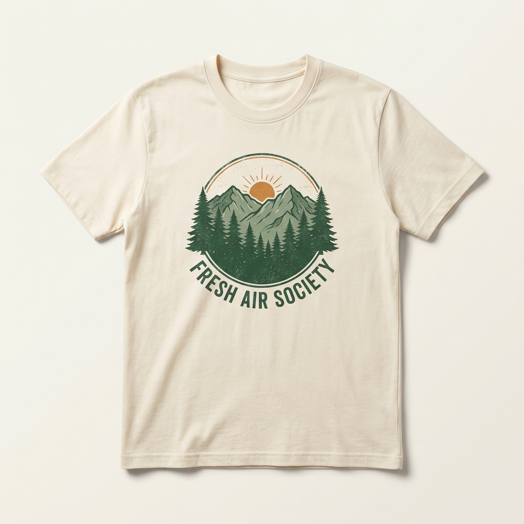 Cream T-shirt concept mockup with Fresh Air Society lettering and an outdoor club graphic of mountains, pine trees and a rising sun