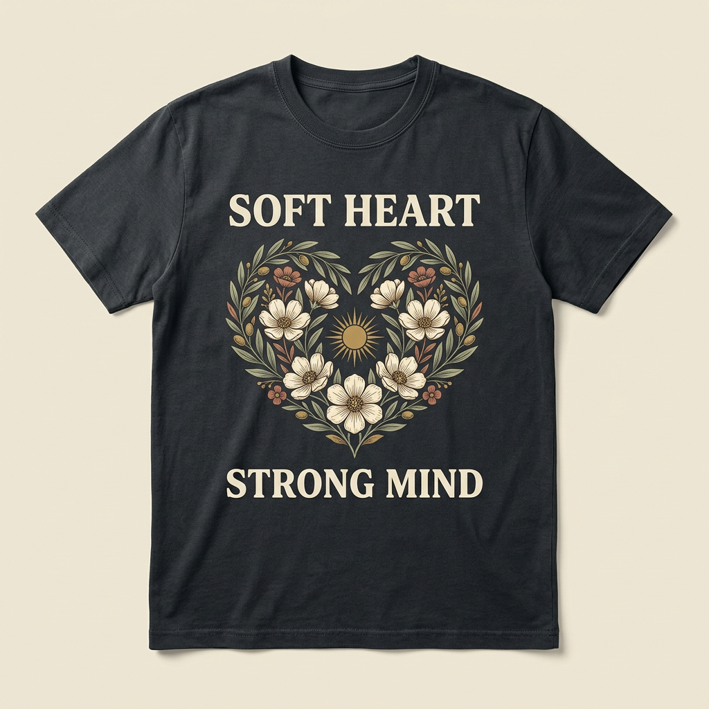 Soft Heart, Strong Mind botanical quote graphic tee
