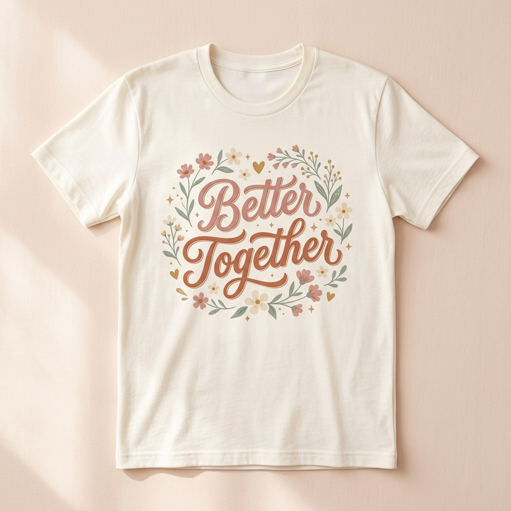 Better Together floral friendship graphic tee with retro lettering