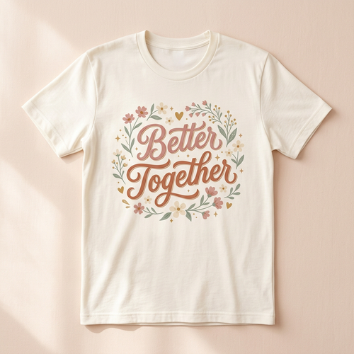 Better Together floral friendship graphic tee with retro lettering