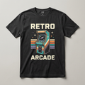 Charcoal Retro Arcade T-shirt concept mockup with vintage arcade cabinet and pixel-inspired graphic