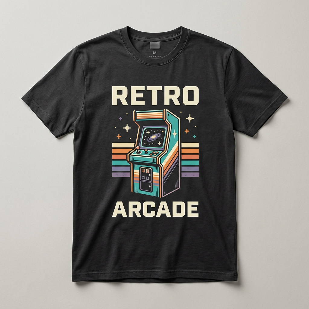 Charcoal Retro Arcade T-shirt concept mockup with vintage arcade cabinet and pixel-inspired graphic