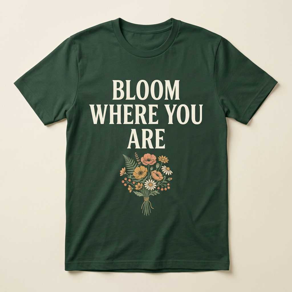 Forest green T-shirt concept mockup with centered three-line Bloom Where You Are lettering above a separate floral bouquet