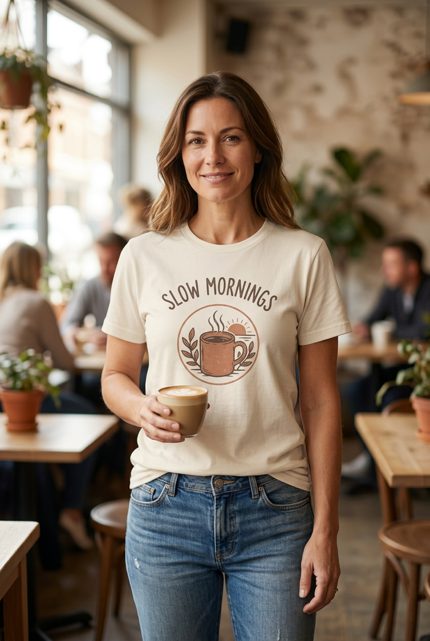 Slow Mornings cozy lifestyle graphic tee