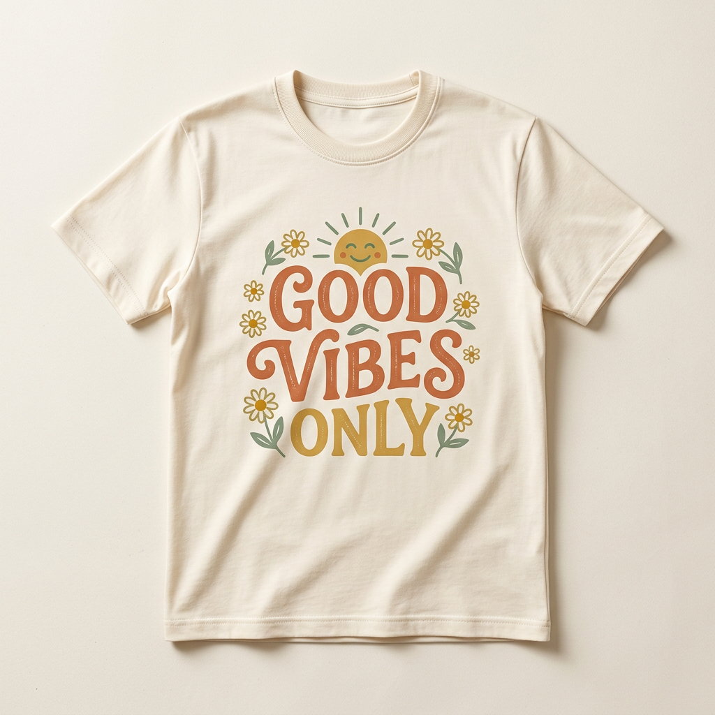 Cream T-shirt concept mockup with Good Vibes Only lettering, smiling sun and daisies