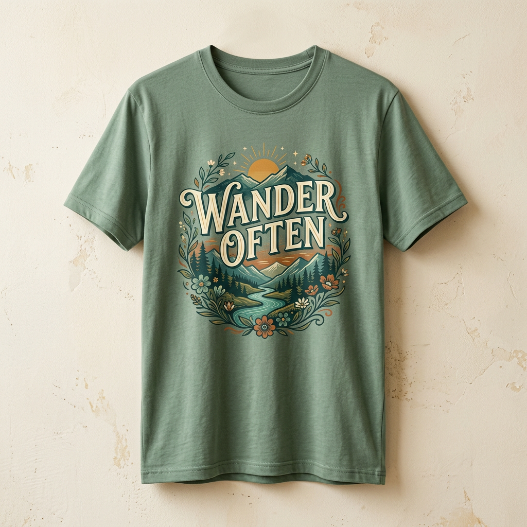 Wander Often mountain wanderlust graphic tee with a river and pine trees
