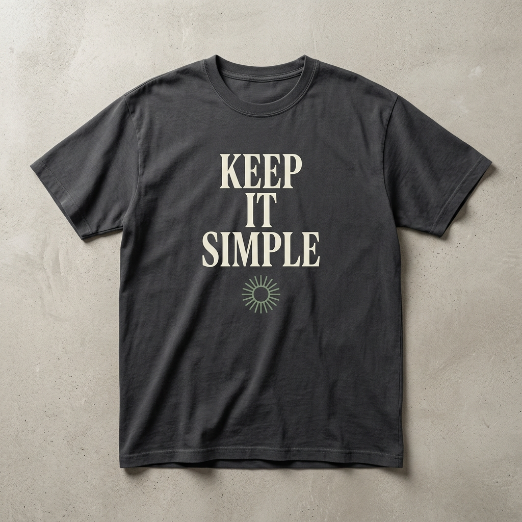 Charcoal T-shirt concept mockup with bold stacked ivory Keep It Simple lettering and a subtle sage accent
