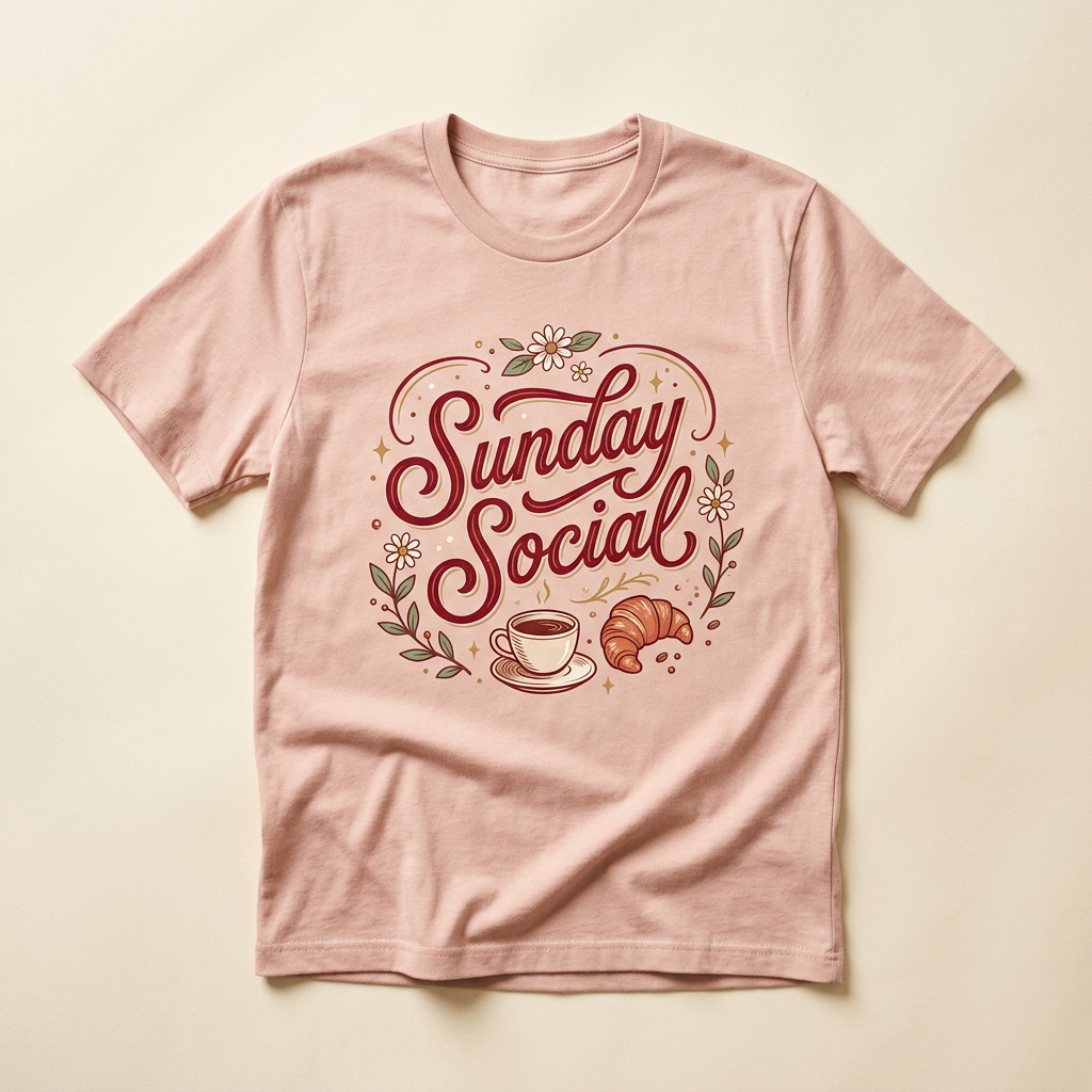 Sunday Social brunch graphic tee with coffee and a croissant