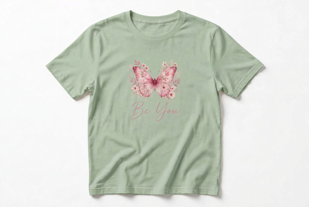 Be You Pink Butterfly Graphic T-Shirt | Cream Floral Women's Tee