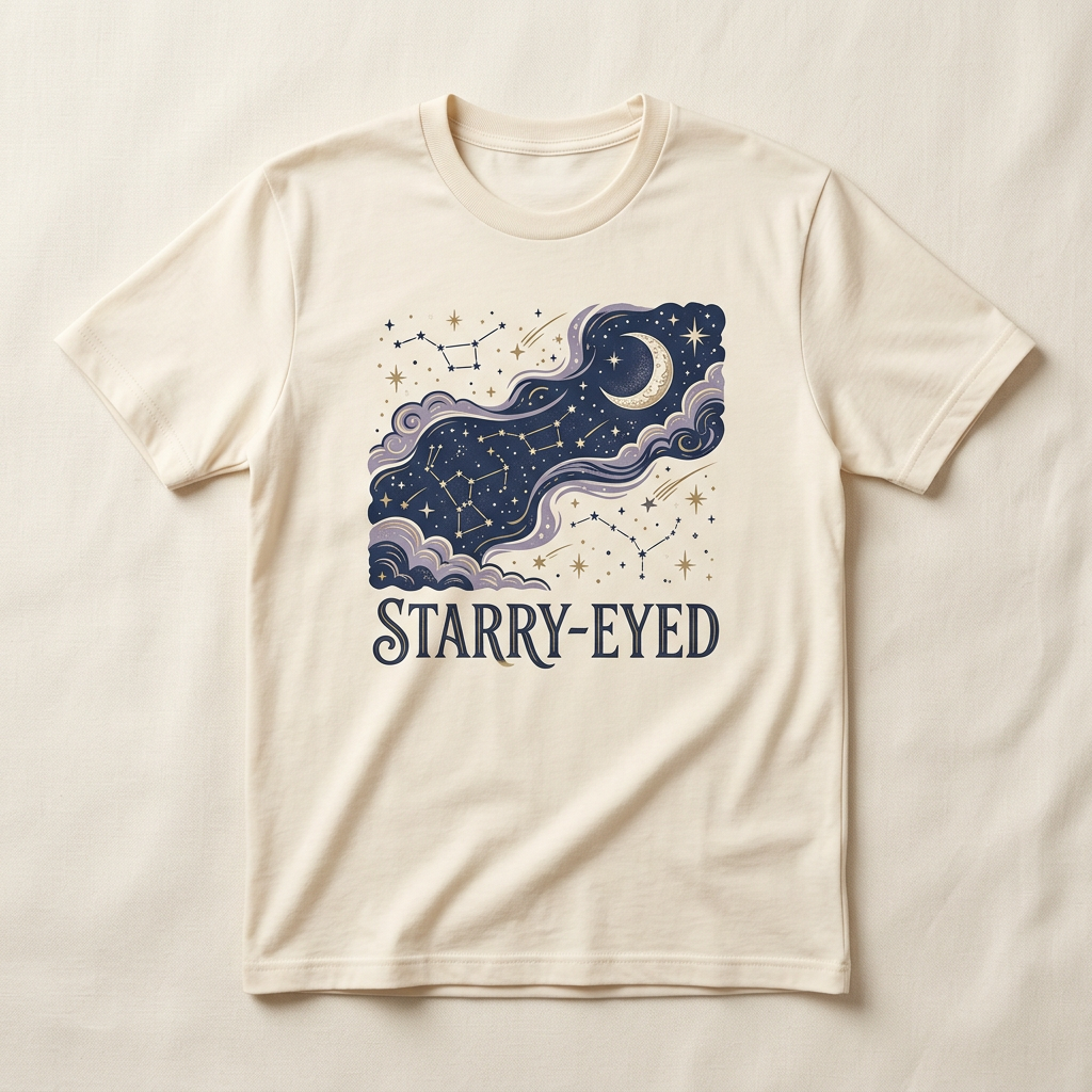 Cream T-shirt concept mockup with Starry-Eyed lettering, stars, constellations and a crescent moon