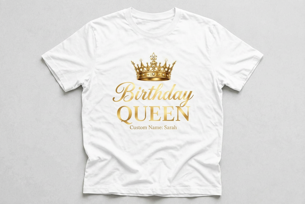 Birthday Queen Custom Name T-Shirt | Black & Gold Birthday Tee