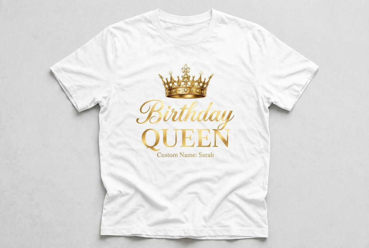 Birthday Queen Custom Name T-Shirt | Black & Gold Birthday Tee