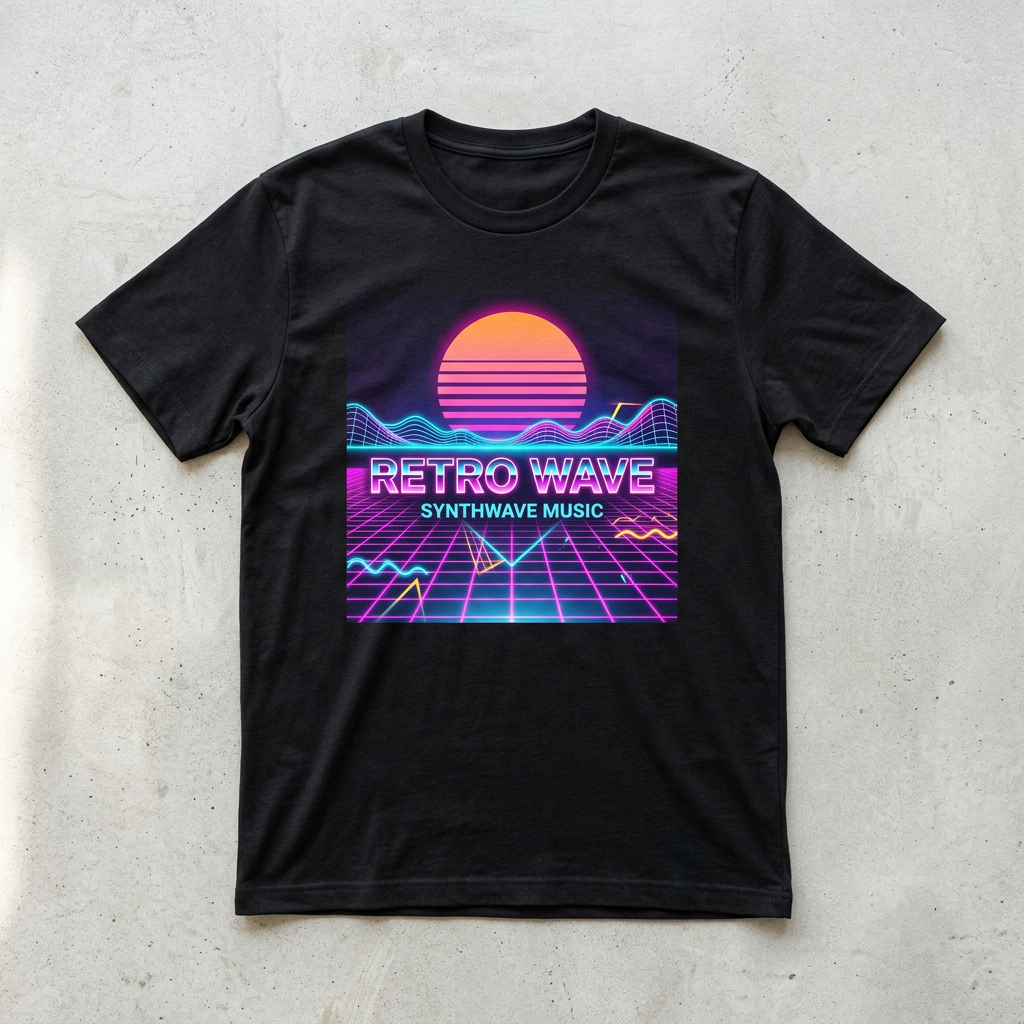 Retro Wave synthwave graphic tee with neon waves and vintage grid
