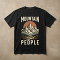 Black Mountain People T-shirt concept mockup with ivory alpine peaks, pine trees and a terracotta sun