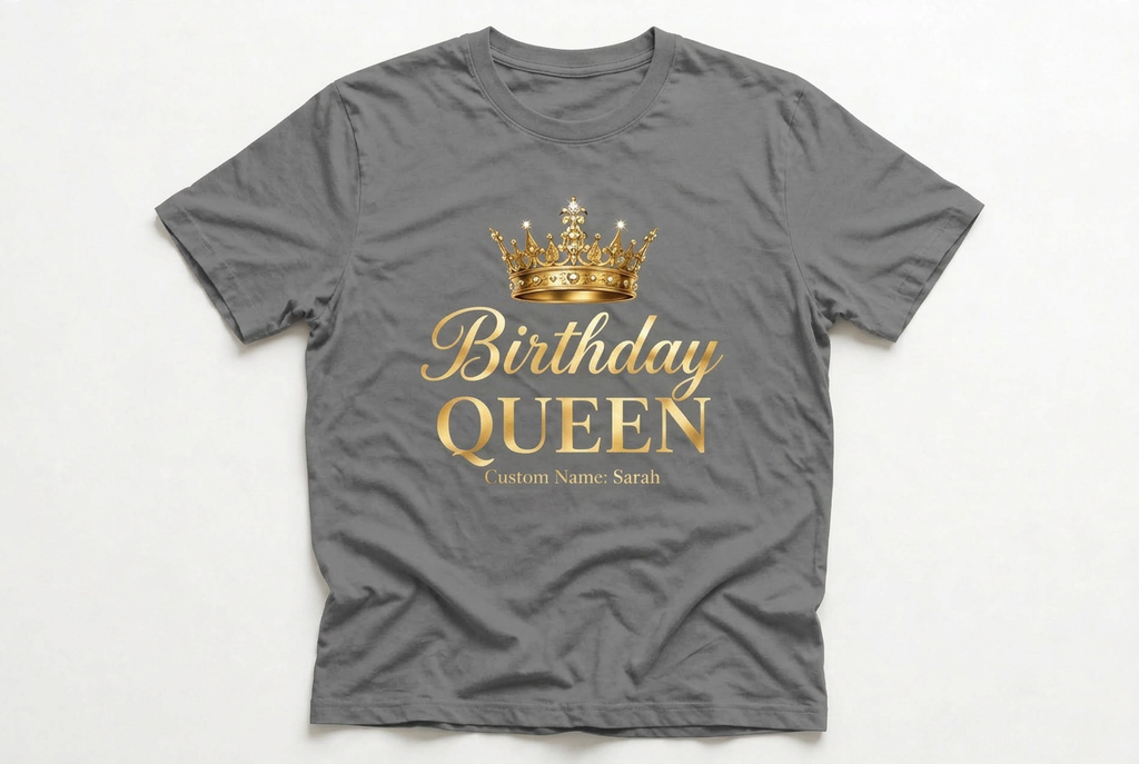 Birthday Queen Custom Name T-Shirt | Black & Gold Birthday Tee