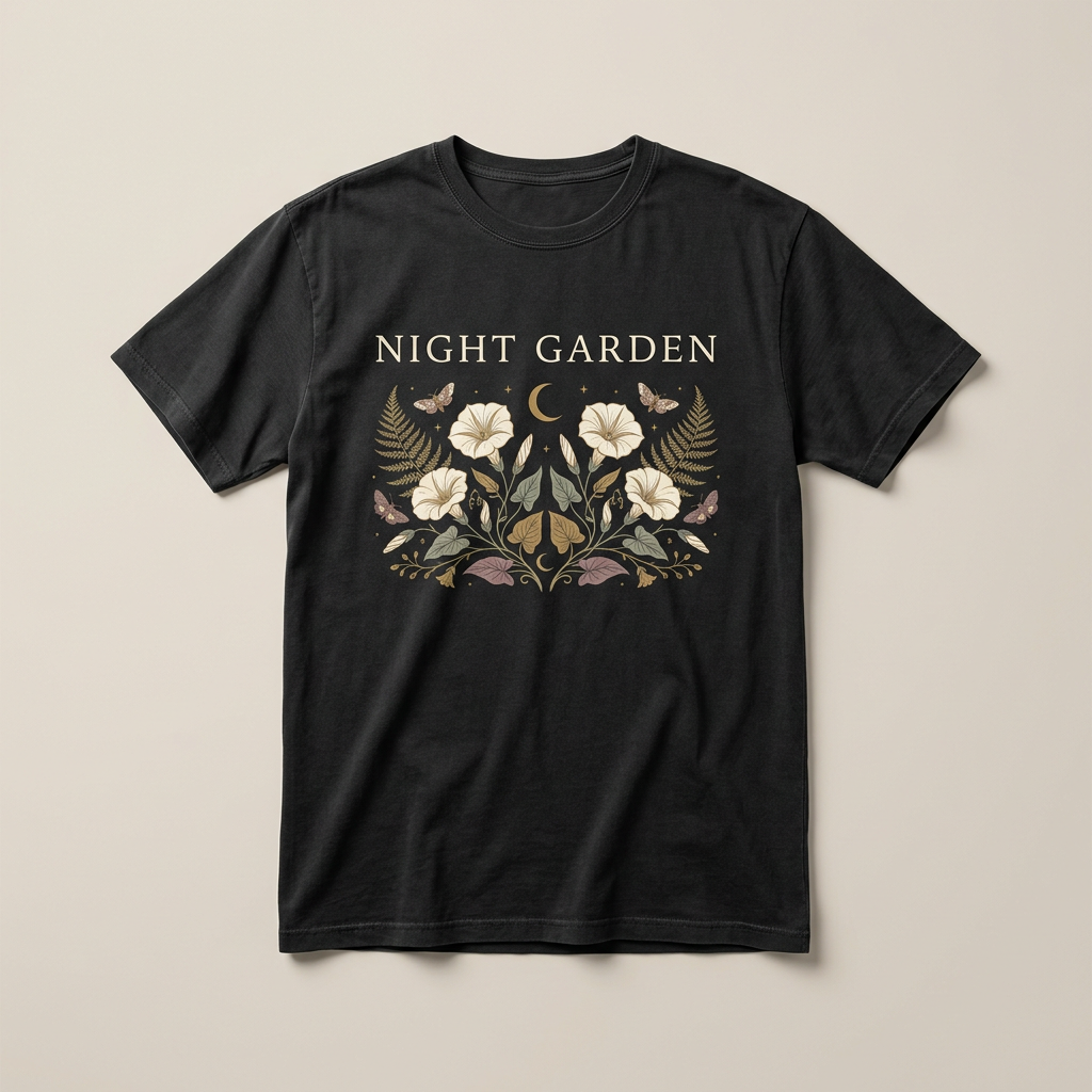 Night Garden moody botanical graphic tee design detail