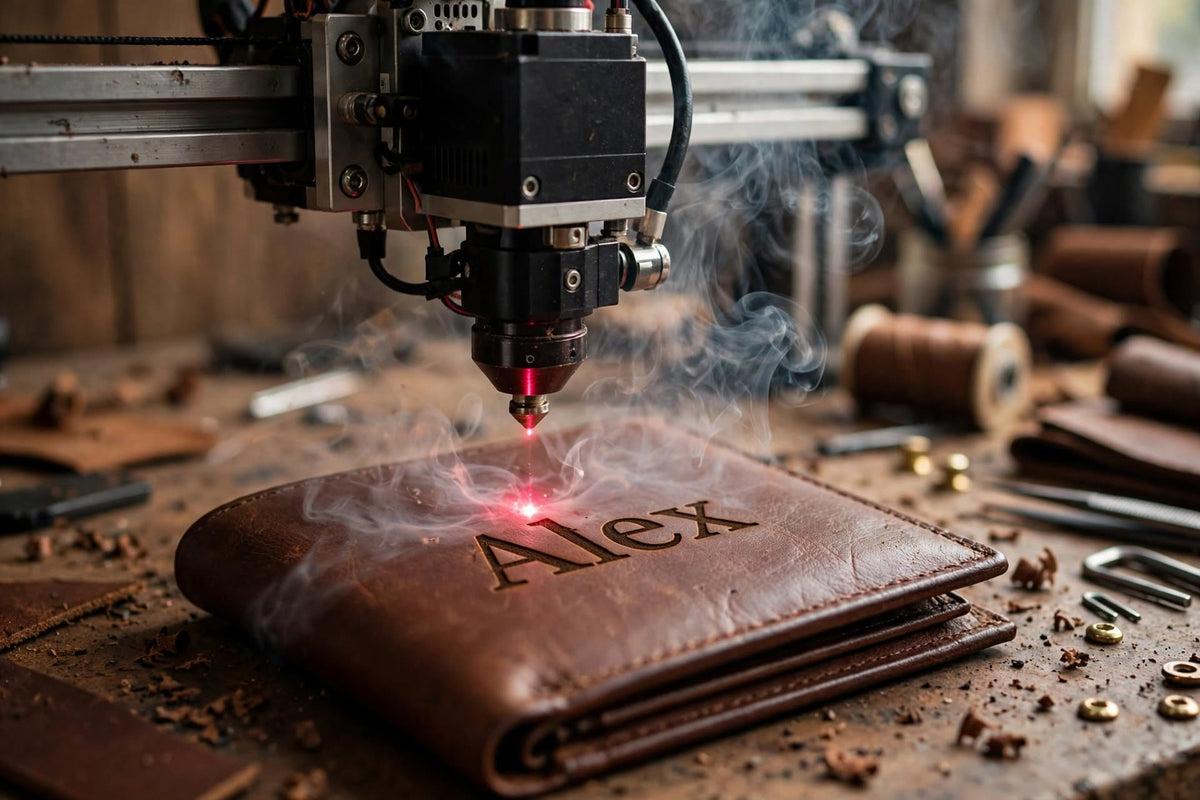 A brown leather wallet engraved with the name 'Alex' sits on a workbench under a laser engraver, with smoke and a warm workshop background.