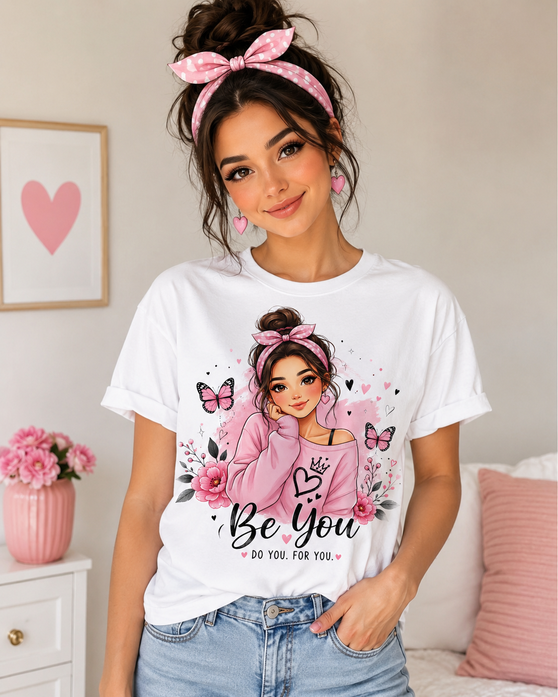 Women's Be You butterfly floral custom graphic tee with pink butterflies, flowers and hearts